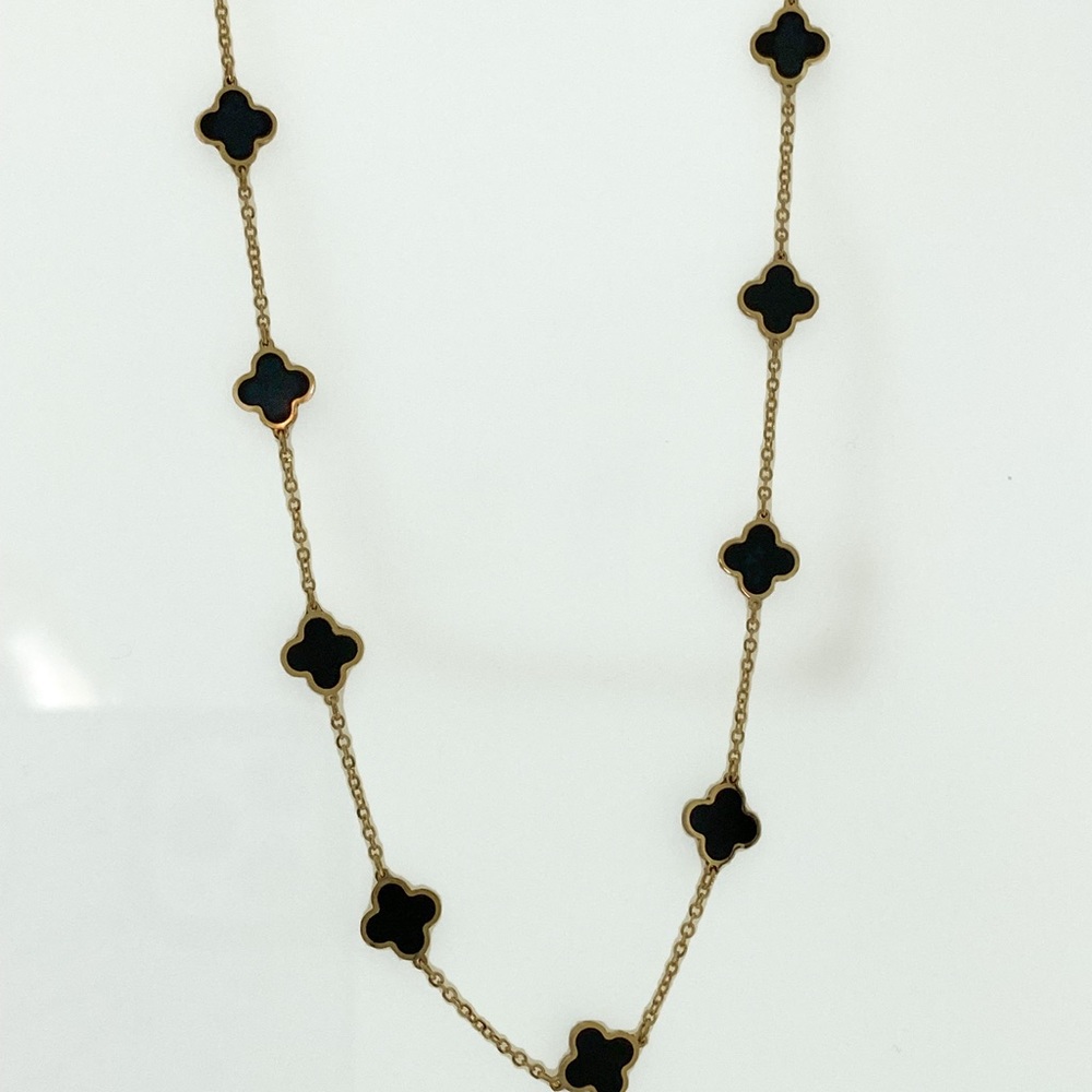 14K Yellow Gold Onyx Clover Station Necklace - Picture 3 of 9